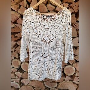 Women’s Cram Crochet Lace Top Tunic Peek a Boo Boho Hippy Chic Whimsy Fairy 1970